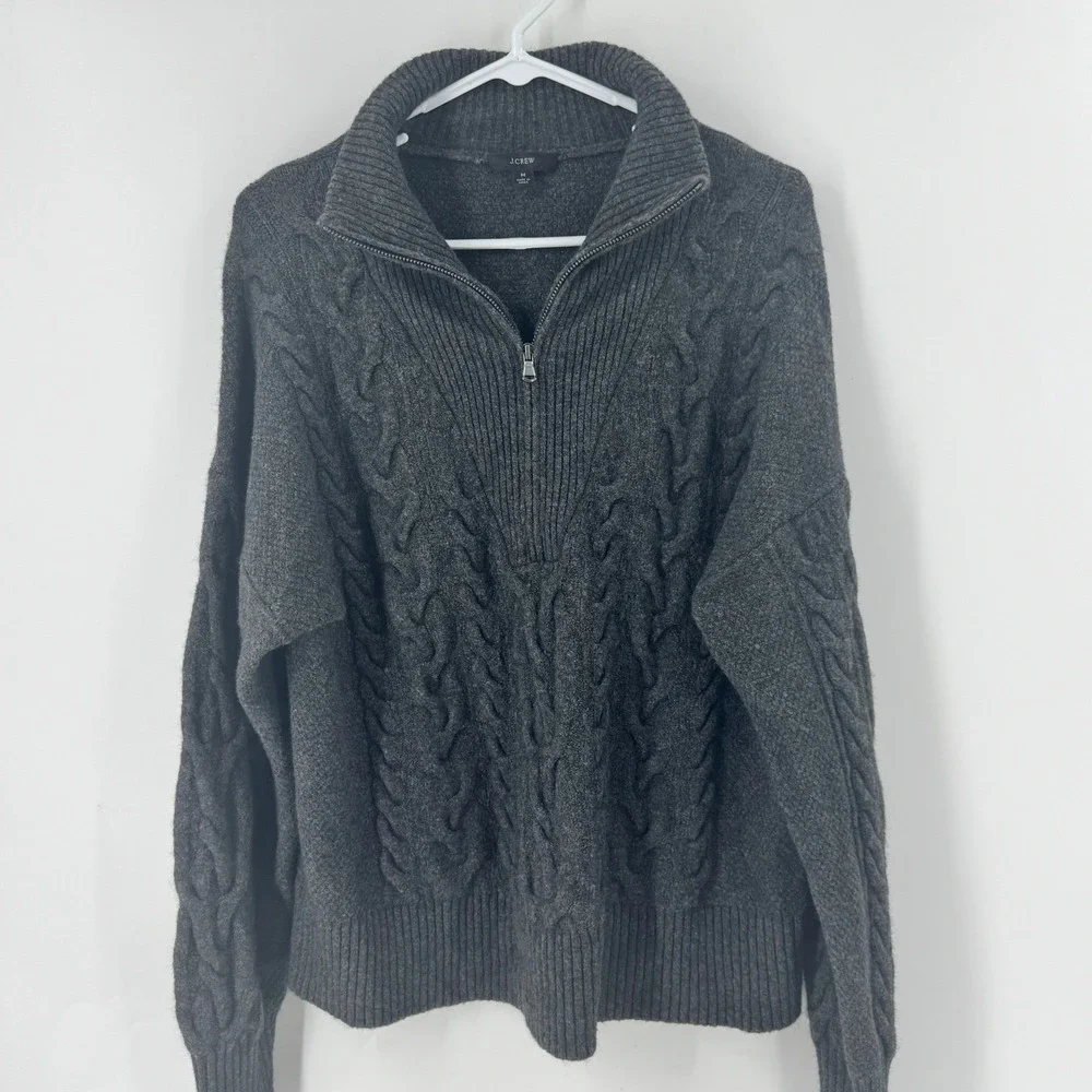 J Crew Men's Charcoal Grey Cable Knit Quarter‎ Zip Sweater Size Medium
